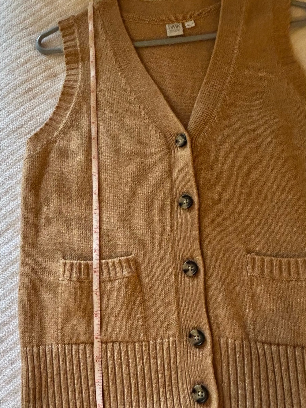 twik Tan V-Neck Button Front Knit Sweater Vest - cotton blend, size medium - Picture 10 of 13